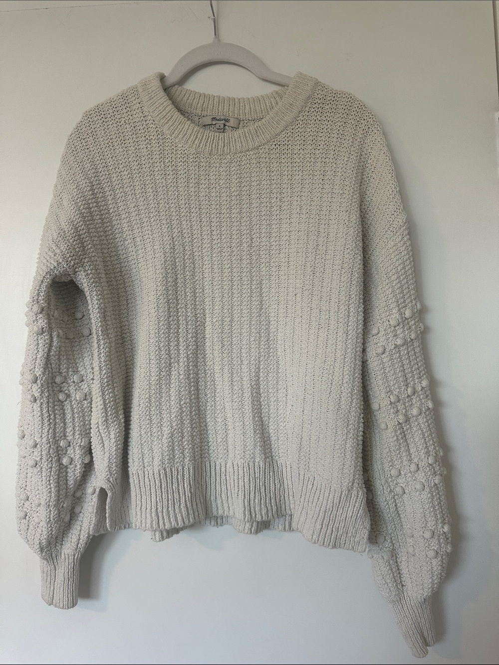Madewell Cream Pom-Pom Sleeve Crewneck Sweater